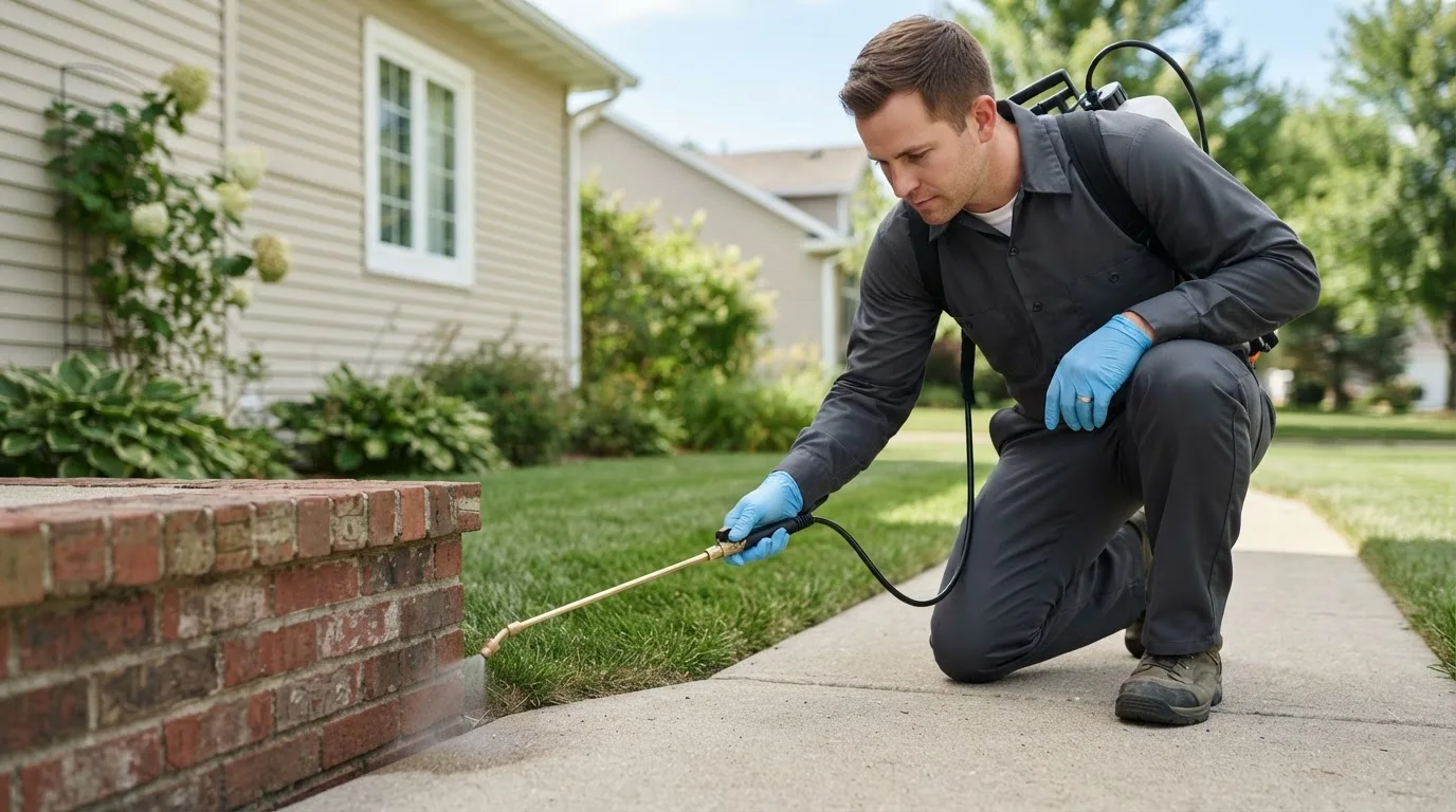 Pest control technician treating a home near Grenora, ND