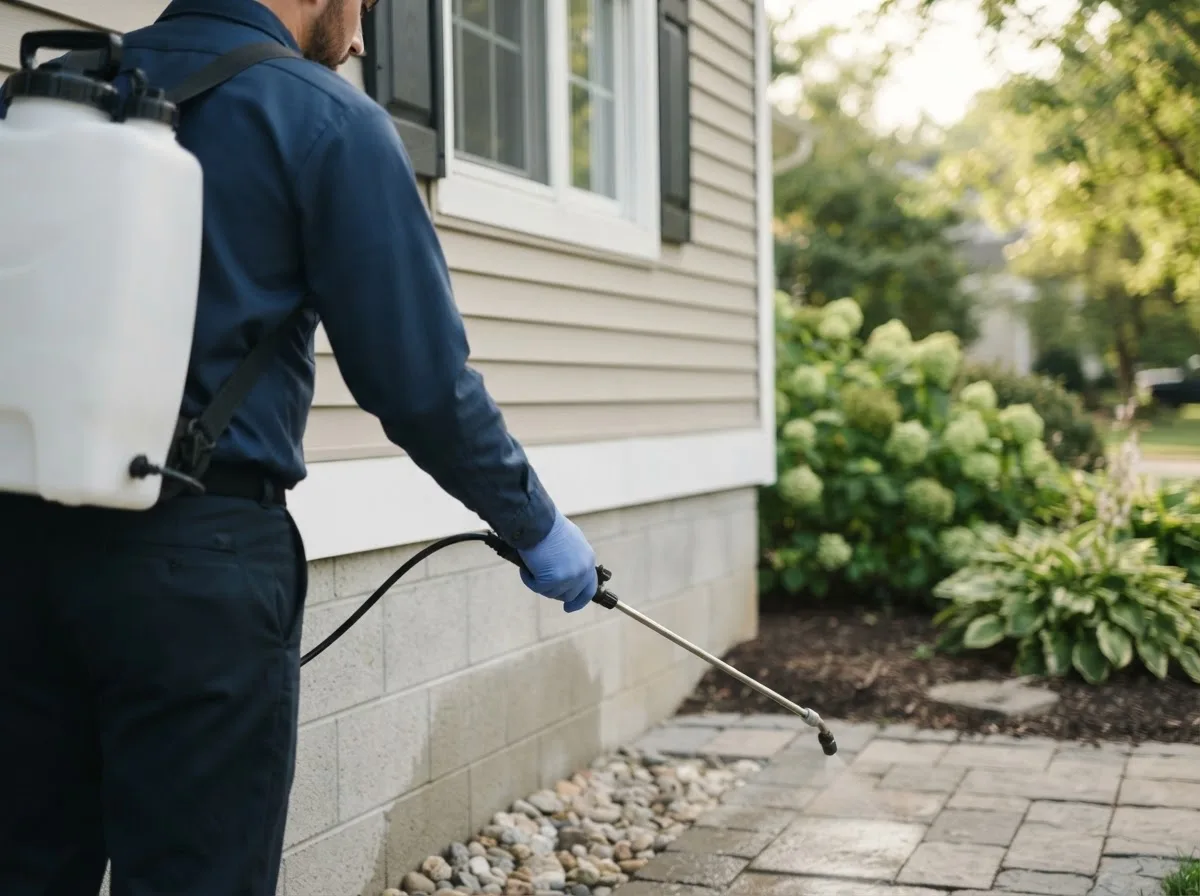 Pest control technician inspecting a home in Grenora, ND